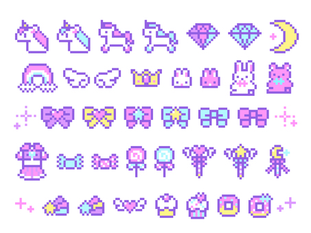 ゆめかわいいドット絵セット ゆめかわいい,ゆめかわ,ユニコーン,ハート,月,星,流れ星,リボン,宝石,ダイヤモンドのイラスト素材