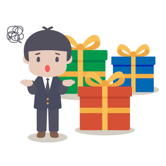 プレゼントに困るビジネスマン クリスマス,プレゼント,ギフト,ビジネスマン,パーティー,在庫,売れ残り,インフレ,困る,悩むのイラスト素材