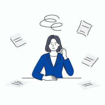書類に囲まれモヤモヤ悩むビジネスウーマン 書類に囲まれモヤモヤ悩むビジネスウーマン 人物,女性,ビジネス,スーツ,仕事,書類,困る,悩む,ストレス,疲れのイラスト素材
