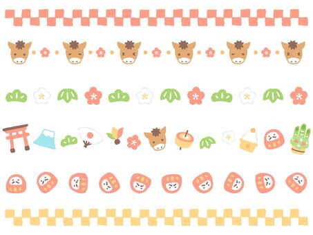 ほのぼのとしたお正月のラインセット お正月,セット,ライン,かわいい,動物,ウマ,干支,2026年,植物,ゆるいのイラスト素材