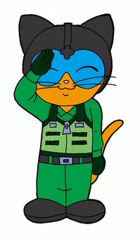 ネコ　戦闘機パイロット　イラスト 猫,戦闘機パイロット,笑顔,敬礼,緑色,パイロットスーツ,背景,色なしのイラスト素材