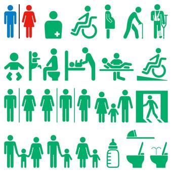公共施設の標識セット 男性,女性,性別,オストメイト,障害者,人工肛門,車椅子,妊婦,高齢者,お年寄りのイラスト素材