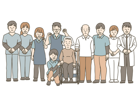 多職種連携チームと車椅子の高齢者 多職種連携,チーム,医療,介護,福祉,専門職,介護士,看護師,医師,高齢者のイラスト素材