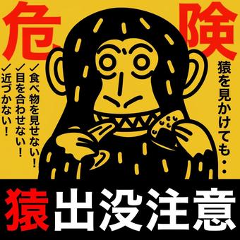 猿出没注意 猿,出没,注意喚起,広告,ポスター,チラシ,看板,襲う,食べ物,バナナのイラスト素材