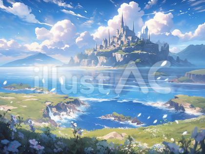 花びら舞うコバルトブルーの海辺の城_背景