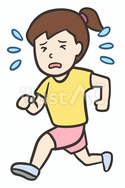 汗をかいて走る女性、横側