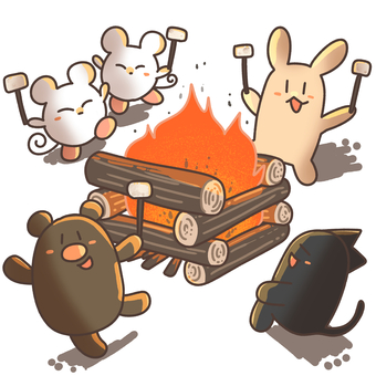 キャンプファイヤー動物4匹 キャンプファイヤー,動物,焚き火,アウトドア,キャンプ,夜,レジャー,炎,かわいいのイラスト素材