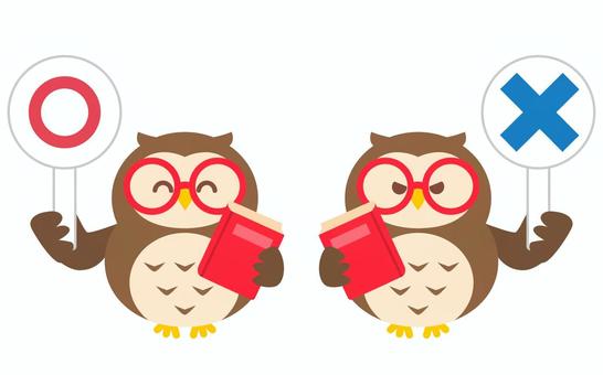 プラカードと本を持ったフクロウ（主線なし マル,バツ,正解,不正解,笑顔,怒る,プラカード,ok,ng,かわいいのイラスト素材