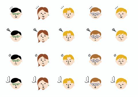 顔いろいろ_男性 人物,顔,表情,笑顔,怒り,困り顔,呆然,かわいい,メガネ,男性のイラスト素材