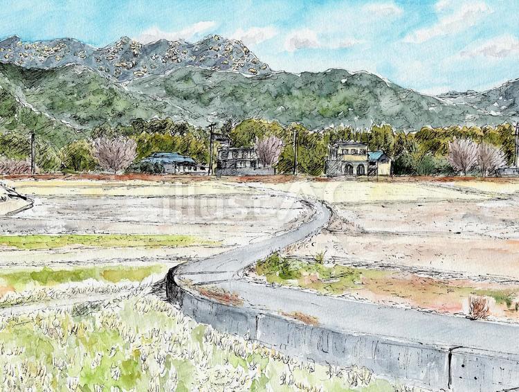 冬の晴れた日 風景画,風景,水彩画のイラスト素材