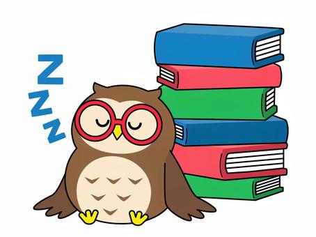 本と寝ているフクロウ 本,フクロウ,睡眠,イラスト,キャラクター,主線ありのイラスト素材