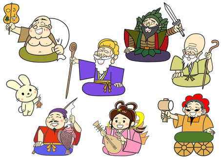 幸せを呼ぶ笑う七福神の神々7人と白兎 幸せを呼ぶ笑う七福神の神々7人と白兎 七福神,日本,神様,布袋様,毘沙門天,福禄寿,寿老人,大黒様,恵比寿様,弁天様のイラスト素材