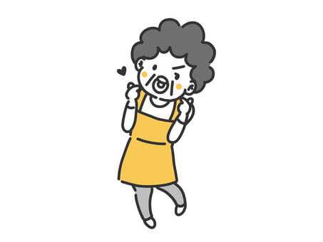 指ハートポーズをするおばちゃん 女性,中年,中高年,50代,60代,おばちゃん,母,主婦,エプロン,ポーズのイラスト素材
