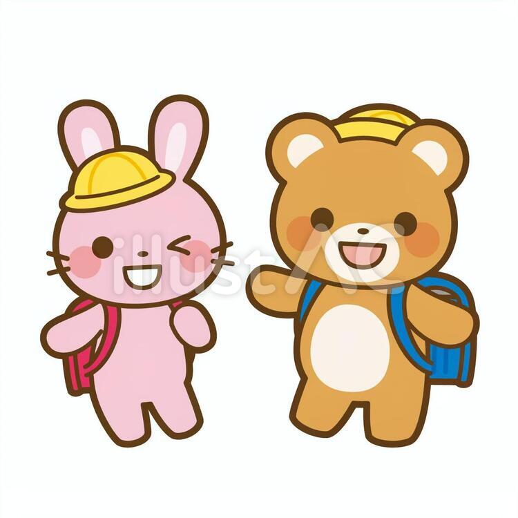 ランドセルを背負ううさぎとくま 動物,うさぎ,熊のイラスト素材