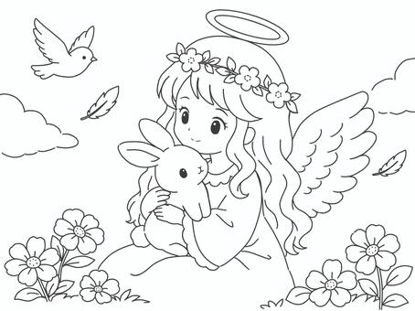 天使とうさぎのかわいい塗り絵 天使,うさぎ,塗り絵,ぬりえ,癒し,かわいい,花,羽,翼,小鳥のイラスト素材