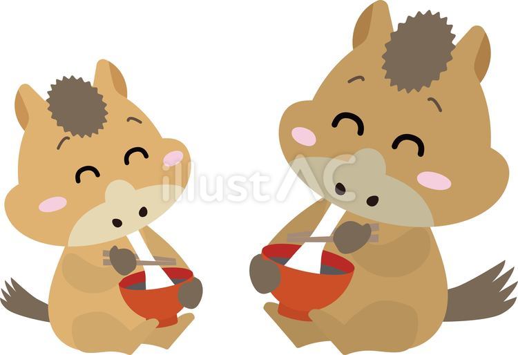 親子の馬がお正月のおもちを食べるイラスト 馬,午,親子のイラスト素材
