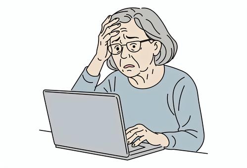 パスワードを忘れて困る高齢女性 高齢女性,シニア,困る,パソコン,パスワード,トラブルのイラスト素材