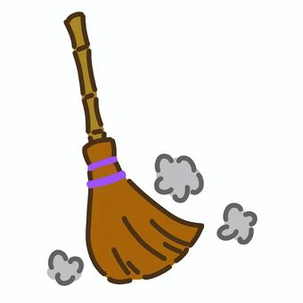 紫色のヒモで縛られた竹製の柄のほうき３ ほうき,道具,掃除,竹,茶色,黄土色,埃,灰色,紫のイラスト素材