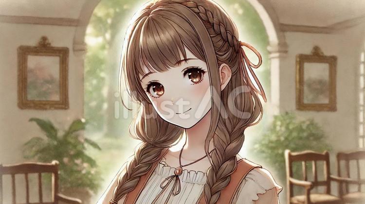 優しい微笑みの三つ編み少女 女の子,三つ編み,編み込みのイラスト素材