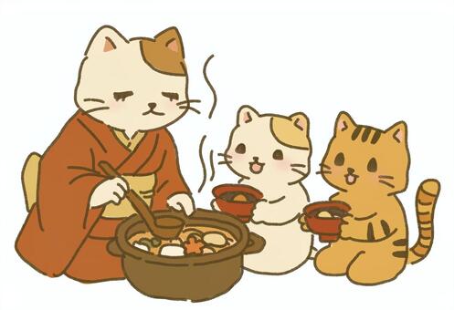 着物で雑煮を取り分けるネコ 猫,動物,キャラクター,着物,浴衣,和服,親子,家族,お椀,鍋のイラスト素材