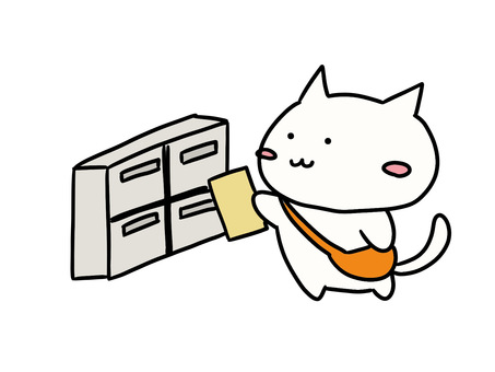 ポスティングをしているねこ ねこ,かわいい,手書き,イラスト,ポスティング,郵便,配達,仕事,チラシのイラスト素材