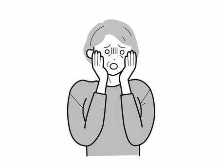 手を頬に当て青ざめるシニア女性2／白黒 上半身,長袖,両手,頬,青ざめる,おばあさん,老人,高齢者,シニア,女性のイラスト素材