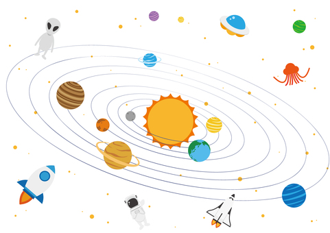 可愛い太陽系の宇宙の背景素材 宇宙,太陽系,惑星,地球,ロケット,スペースシャトル,宇宙人,火星人,パイロット,ポップのイラスト素材