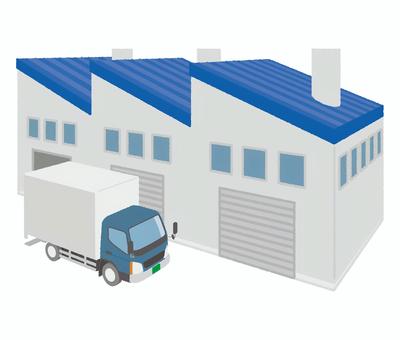 トラックと工場 工場,建物,会社,製造工場,煙突,のこぎり屋根,倉庫,町工場,仕事,製造業のイラスト素材