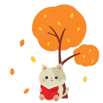 木の下で本を読む猫 猫,本,読む,木,紅葉,読書,秋,動物,絵本,可愛いのイラスト素材