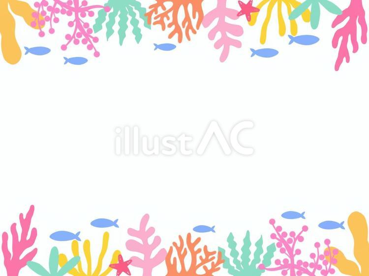 海の生き物とサンゴのカラフルフレーム 海,夏,サンゴのイラスト素材