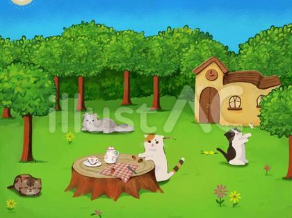 絵本のようなねこと森のイラスト