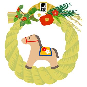 午年のしめ縄 しめ縄,午年,馬,飾り,お正月,縁起物,年賀状,かわいい,椿,松葉のイラスト素材