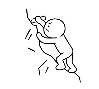 ロッククライミングをする棒人間 ロッククライミング,岩登り,くい,岸壁,真剣,棒人間,線画,キャラクター,手描き,手書きのイラスト素材