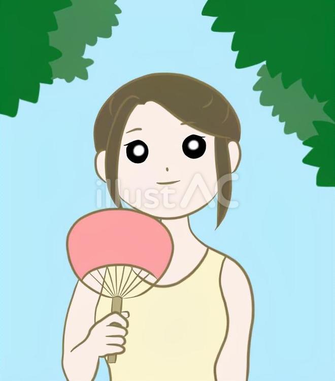 うちわを持つ女性のイラスト　背景あり うちわ,女性,人物のイラスト素材