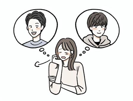 2人の男性で迷う・悩む女性 悩む,恋愛,恋,男性,女性,ため息,迷う,選べない,好き,付き合うのイラスト素材