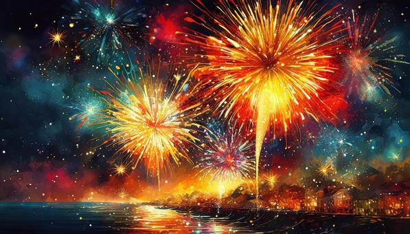 firework, fireworks, sky, sea, JPG