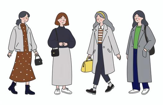 おしゃれな女子の冬の私服コーデセット02 女性,私服,冬,秋,ファッション,スカート,コート,ジャケット,ニット,バッグのイラスト素材