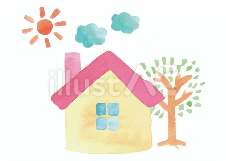 水彩画　赤い屋根の家のイラスト 家,お家,水彩のイラスト素材