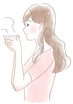 紅茶を飲む女性の水彩風イラスト 紅茶,お茶,飲む,ホットティー,女性,リラックス,休憩,上半身,笑顔,美容のイラスト素材