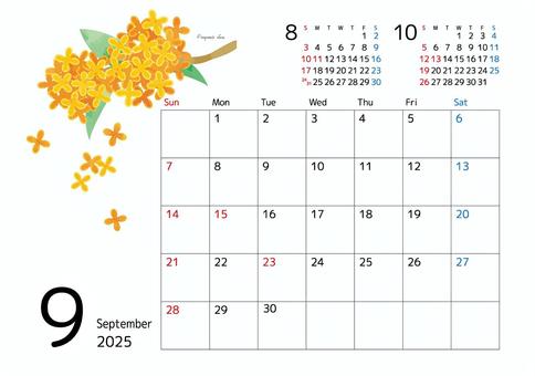 2025年9月カレンダー 金木犀 カレンダー,9月,2025,スケジュール,月間,前月,次月,余白,シンプル,イラストのイラスト素材