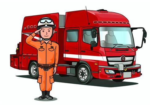 消防署の救助工作車（レスキュー車）と隊員 消防署,救助工作車,レスキュー隊員,緊急車両,赤色灯,レスキュー車,消防,災害,救助,レスキューのイラスト素材