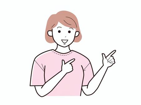 両手で指差しアピールの女性／カラー 上半身,半袖,両手,指差し,アピール,女性,お母さん,ママ,学生,社会人のイラスト素材