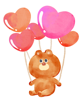 水彩画_ハートの風船で飛ぶ_01 熊,動物,手描き,水彩画,水彩,水彩風,水彩画風,パーティー,誕生日,祝うのイラスト素材