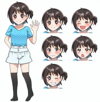 女子小学生　表情差分 女の子,子供,ニーハイ,立ち絵,かわいい,trpg,tシャツ,ショートパンツ,表情差分,靴下のイラスト素材