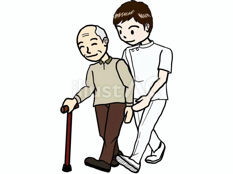 おじいさんの歩行介助をする男性セラピスト セラピスト,男性,歩行のイラスト素材