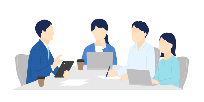 打ち合わせするビジネスパーソンのイラスト ビジネスパーソン,ビジネスマン,ビジネスウーマン,ミーティング,会議,打ち合わせ,説明,コミュニケーション,会社員,笑顔のイラスト素材