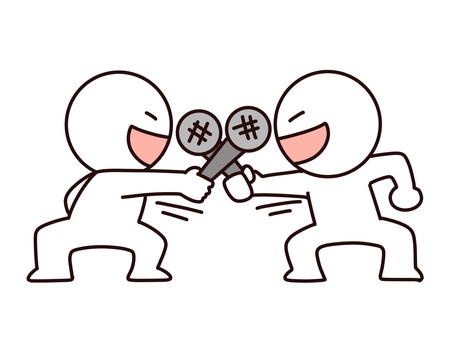 マイクを向け合う棒人間 マイク,棒人間,向けあう,インタビュー,2人,話す,笑顔,笑う,かわいい,シンプルのイラスト素材