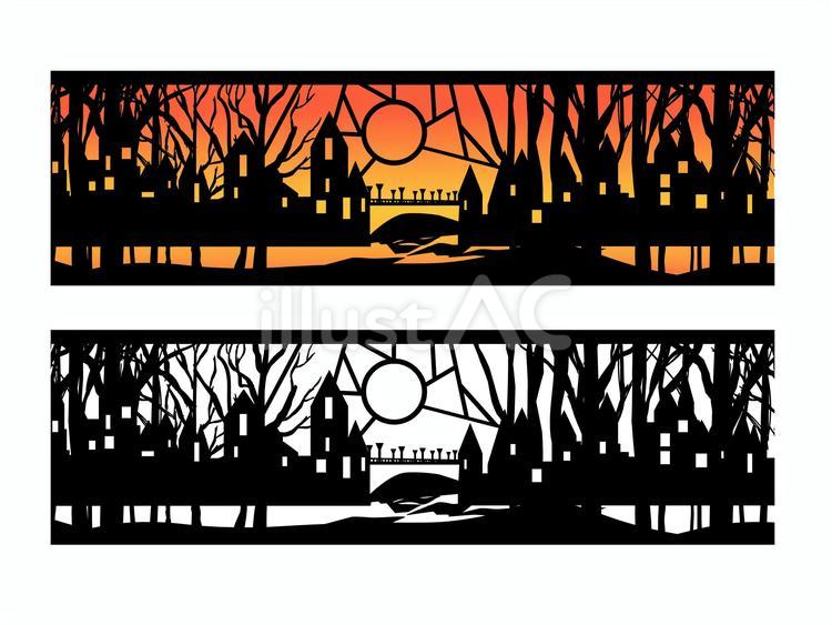 切り絵風町並み 切り絵,モノクロ,夕焼けのイラスト素材