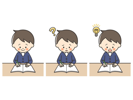 勉強をする男子生徒のセット 勉強,宿題,学習,テスト,学ぶ,課題,塾,自主勉強,自習,自宅学習のイラスト素材