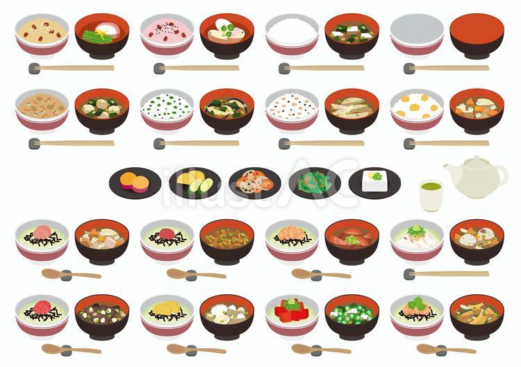 ご飯と味噌汁とお茶漬け ご飯,味噌汁,お茶漬けのイラスト素材